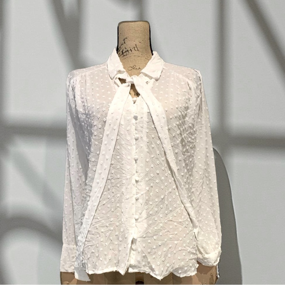 Blu Pepper Bow Tie Textured Dot Blouse L